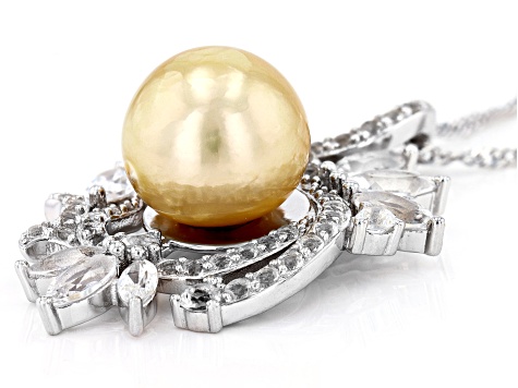 Golden Cultured South Sea Pearl & White Topaz Rhodium Over Sterling Silver Pendant With Chain