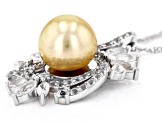 Golden Cultured South Sea Pearl & White Topaz Rhodium Over Sterling Silver Pendant With Chain
