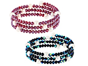 White Cultured Freshwater Pearl & Crystal Wrap Bracelet Set Of 2