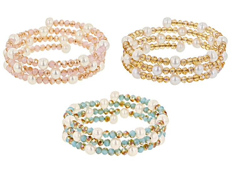 White Cultured Freshwater Pearl & Crystal Wrap Bracelet Set  display picture 3