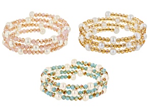 White Cultured Freshwater Pearl & Crystal Wrap Bracelet Set Of 3