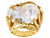 White Cultured Freshwater Pearl 18k Yellow Gold Over Sterling Silver Ring