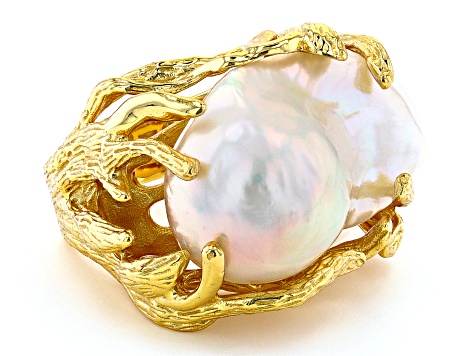 White Cultured Freshwater Pearl 18k Yellow Gold Over Sterling Silver Ring