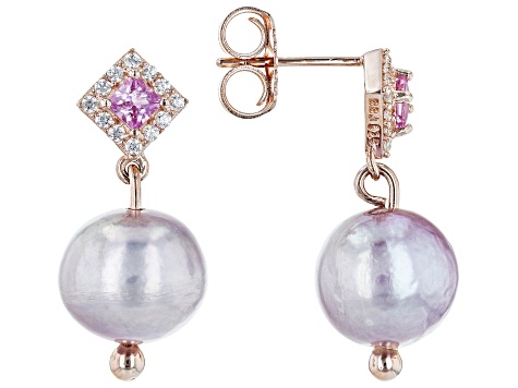 Genusis™ Lavender Cultured Freshwater Pearl, Pink Sapphire 18k Rose Gold Over Silver Earrings
