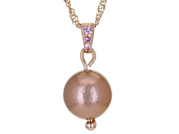 Picture of Genusis™ Cultured Freshwater Pearl & Sapphire 18k Rose Gold Over Silver Pendant With Chain 0.08ctw