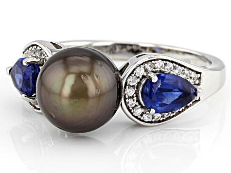 Cultured Tahitian Pearl With Kyanite & White Zircon Rhodium Over Sterling Silver Ring