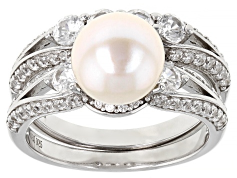 White Cultured Freshwater Pearl & White Zircon Rhodium Over Sterling Silver Ring Set