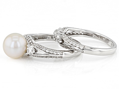 White Cultured Freshwater Pearl & White Zircon Rhodium Over Sterling Silver Ring Set