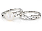 White Cultured Freshwater Pearl & White Zircon Rhodium Over Sterling Silver Ring Set