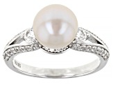 White Cultured Freshwater Pearl & White Zircon Rhodium Over Sterling Silver Ring Set