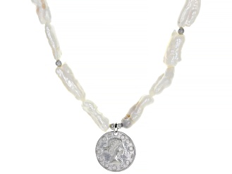 White Cultured Freshwater Pearl With Imitation Coin Charm Rhodium Over Silver Necklace