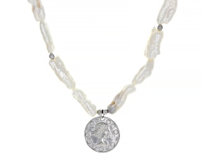 White Cultured Freshwater Pearl With Imitation Coin Charm Rhodium Over Silver Necklace