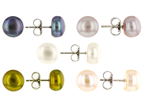 Multi-Color Cultured Freshwater Pearl Rhodium Over Sterling Silver Stud Earring Set of 5