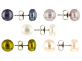 Multi-Color Cultured Freshwater Pearl Rhodium Over Sterling Silver Stud Earring Set of 5