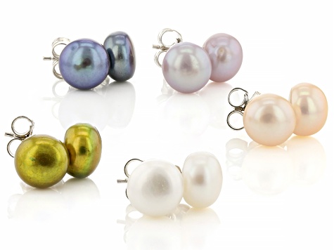 Multi-Color Cultured Freshwater Pearl Rhodium Over Sterling Silver Stud Earring Set of 5