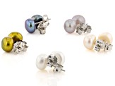 Multi-Color Cultured Freshwater Pearl Rhodium Over Sterling Silver Stud Earring Set of 5