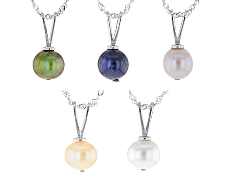 Multi-Color Cultured Freshwater Pearl Rhodium Over Silver Pendant Set Of 5