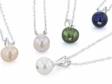 Multi-Color Cultured Freshwater Pearl Rhodium Over Silver Pendant Set Of 5