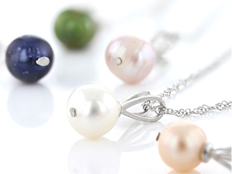 Multi-Color Cultured Freshwater Pearl Rhodium Over Silver Pendant Set Of 5