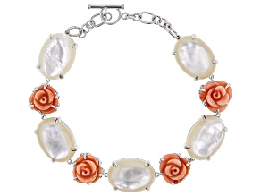 White Mother-Of-Pearl With Pink Rose Coral Rhodium Over Sterling Silver Bracelet