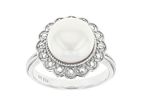 White Cultured Freshwater Pearl Rhodium Over Sterling Silver Ring
