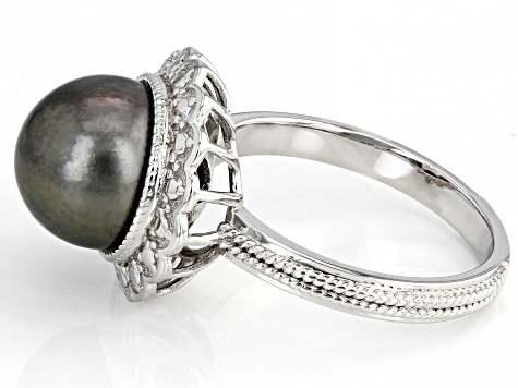 Cultured Tahitian Pearl Rhodium Over Sterling Silver Ring