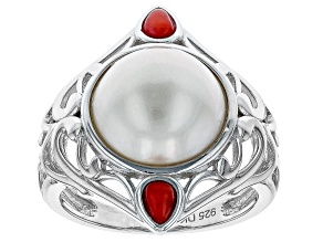 White Cultured Mabe Pearl With Red Coral Rhodium Over Sterling Silver Ring