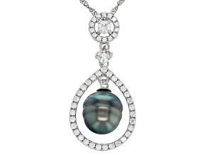 Cultured Tahitian Pearl With White Zircon Rhodium Over Sterling Silver Pendant With Chain