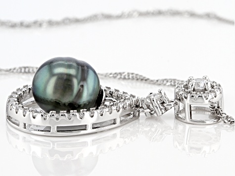 Cultured Tahitian Pearl With White Zircon Rhodium Over Sterling Silver Pendant With Chain