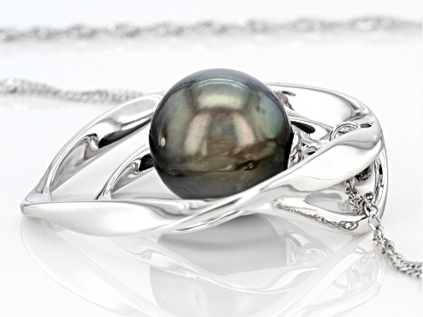 Cultured Tahitian Pearl Rhodium Over Sterling Silver Pendant With Chain