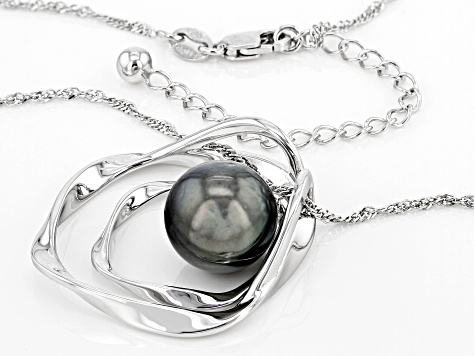 Cultured Tahitian Pearl Rhodium Over Sterling Silver Pendant With Chain