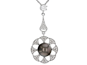 Cultured Tahitian Pearl With White Zircon Rhodium Over Sterling Silver Pendant Enhancer With Chain