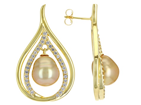 Golden Cultured South Sea Pearl & White Zircon 18k Yellow Gold Over Sterling Silver Earrings