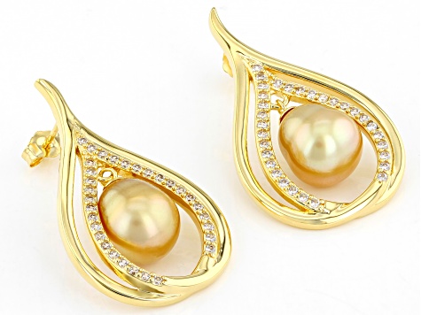 Golden Cultured South Sea Pearl & White Zircon 18k Yellow Gold Over Sterling Silver Earrings
