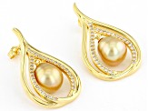 Golden Cultured South Sea Pearl & White Zircon 18k Yellow Gold Over Sterling Silver Earrings