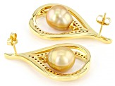 Golden Cultured South Sea Pearl & White Zircon 18k Yellow Gold Over Sterling Silver Earrings