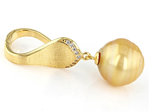 Golden Cultured South Sea Pearl & White Zircon 18k Yellow Gold Over Sterling Silver Enhancer