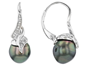 Cultured Tahitian Pearl With Diamond Accents Rhodium Over Sterling Silver Earrings