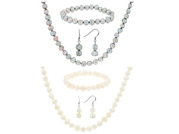 Picture of Cultured Freshwater Pearl Rhodium Over Silver 36 Inch Necklace, Bracelet, & Earring Set of 2