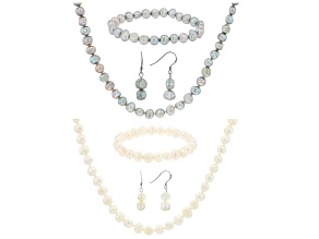 Cultured Freshwater Pearl Rhodium Over Silver 36 Inch Necklace, Bracelet, & Earring Set of 2