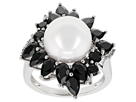 White Cultured Freshwater Pearl With Black Spinel & White Zircon Rhodium  Over Silver Ring - MPL833