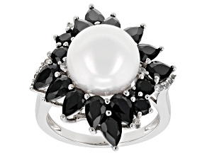 White Cultured Freshwater Pearl With Black Spinel & White Zircon Rhodium Over Silver Ring