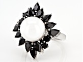 White Cultured Freshwater Pearl With Black Spinel & White Zircon Rhodium Over Silver Ring