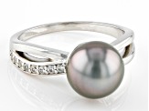 Cultured Tahitian Pearl With White Zircon Rhodium Over Sterling Silver Ring