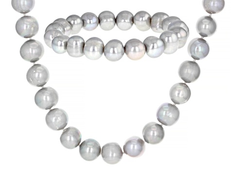 Platinum Cultured Freshwater Pearl Rhodium Over Sterling Silver Necklace & Bracelet Set