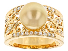 Golden Cultured South Sea Pearl With Moissanite 18k Yellow Gold Over Sterling Silver Ring