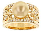 Golden Cultured South Sea Pearl With Moissanite 18k Yellow Gold Over Sterling Silver Ring