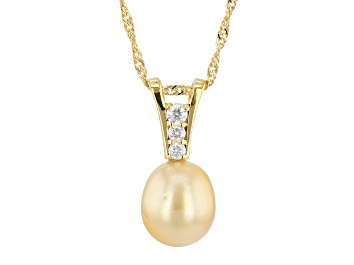 Picture of Golden Cultured South Sea Pearl With Moissanite 18k Yellow Gold Over Sterling Silver Pendant