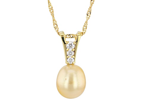 Golden Cultured South Sea Pearl With Moissanite 18k Yellow Gold Over Sterling Silver Pendant