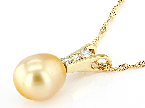 Golden Cultured South Sea Pearl With Moissanite 18k Yellow Gold Over Sterling Silver Pendant